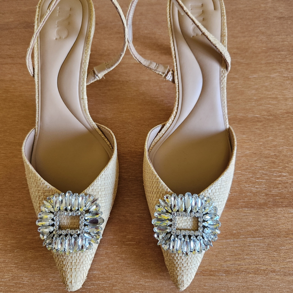 INC International Concepts Tan Slingback Heels with Crystal Buckle